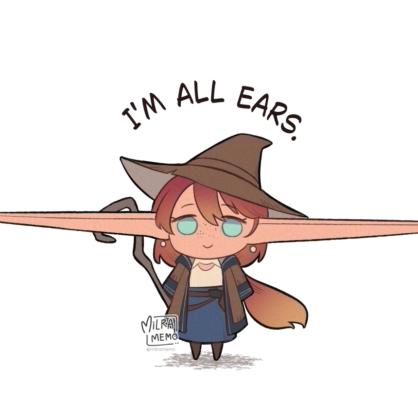 1girl, blue_skirt, brown_hair, brown_hat, chibi, closed_mouth, commentary, earrings