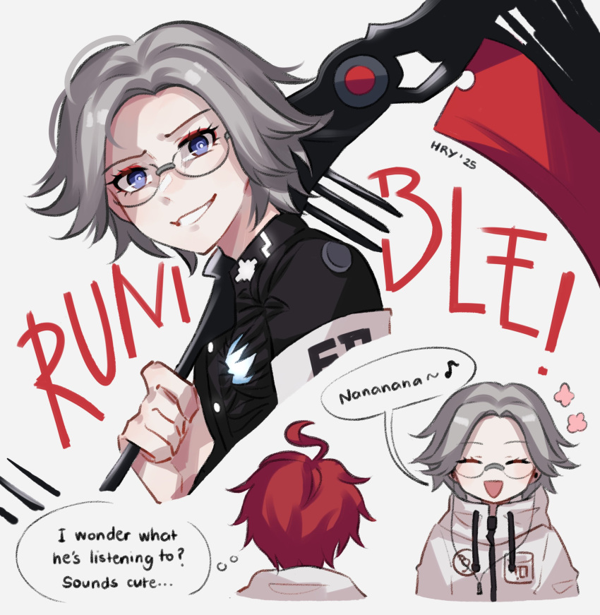 2boys, :d, absurdres, ahoge, aotsuki_eito, armband, commentary, cropped_shoulders