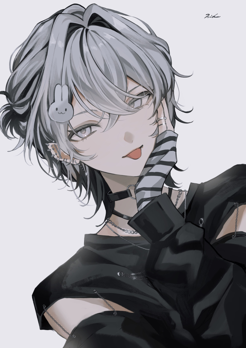 1boy, :p, absurdres, bishounen, choker, ear_piercing, hair_between_eyes, hair_ornament