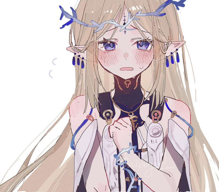 1girl, bare_shoulders, black_collar, blonde_hair, blue_eyes, blush, cartethyia_(wuthering_waves), collar