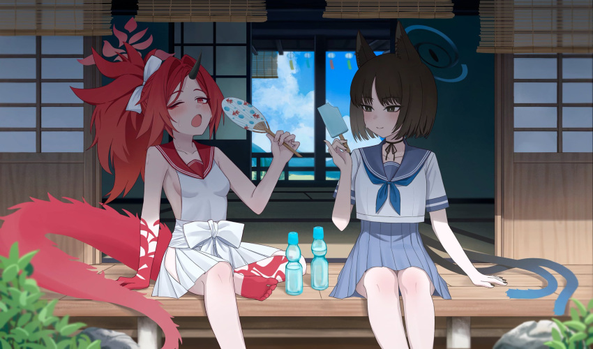animal_ear_fluff, animal_ears, black_eyes, black_hair, blue_archive, blue_halo, blue_neckerchief, blue_skirt