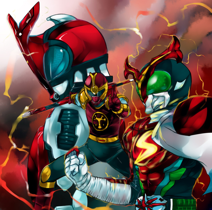 3boys, highres, horn, kabuto_raiger, kamen_rider, kamen_rider_kabuto, kamen_rider_kabuto_(series), kamen_rider_stronger, kamen_rider_stronger_(series), male, multiple_boys, ninpuu_sentai_hurricaneger, ninpuu_sentai_hurricanger, sawamura_hikaru, super_sentai