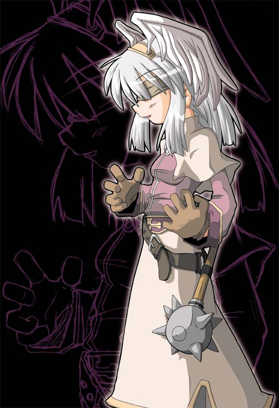 1girl, 2000s_(style), acolyte_(ragnarok_online), bad_id, belt, black_background, black_belt, breasts, brown_shirt, capelet, commentary_request, cowboy_shot, fake_wings, feathered_wings, grey_blindfold, grey_capelet, grey_skirt, head_wings, long_sleeves, mace, medium_hair, nitoro_(nasenaru), open_mouth, ragnarok_online, shirt, skirt, small_breasts, smile, solo, spiked_mace, spikes, weapon, white_wings, wings, zoom_layer