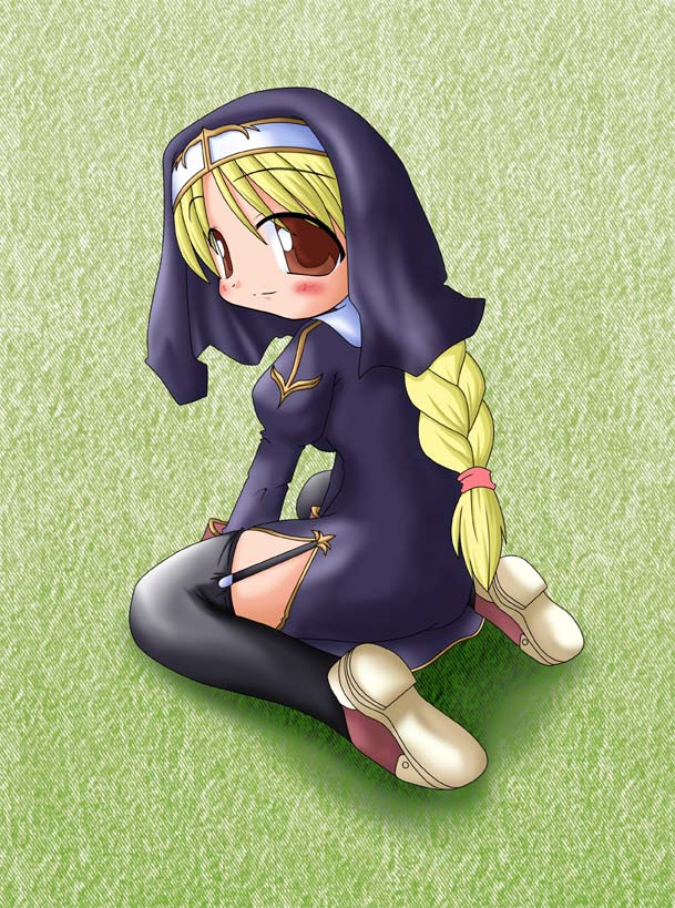 1girl, 2000s_(style), bad_id, black_coif, black_thighhighs, blonde_hair, blush, brown_eyes