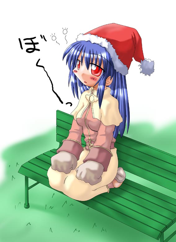 1girl, 2000s_(style), acolyte_(ragnarok_online), bad_id, bench, blue_hair, blush, brown_shirt