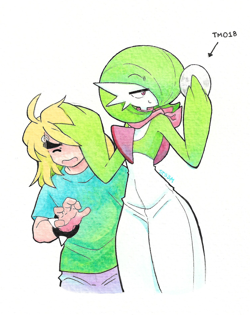 1boy, 1girl, blonde_hair, bob_cut, closed_eyes, colored_skin, dress, gardevoir
