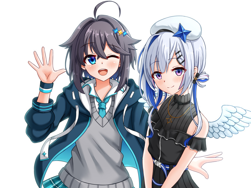 2girls, ahoge, amane_kanata, amane_kanata_(work), angel, angel_wings, beret, black_dress
