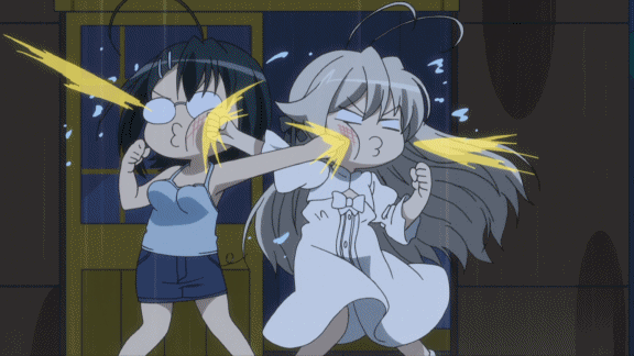 animated, animated_gif, black_hair, bow, cross_counter, crosscounter, denim_skirt, fighting