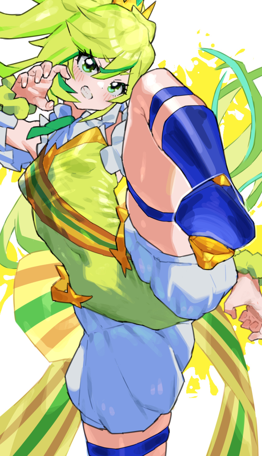 1girl, blue_boots, boots, crown, green_eyes, green_hair, green_leotard, high_heel_boots