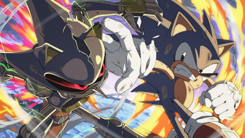 2boys, animal_ears, banel_springer, battle, black_eyes, crack, electricity, fang