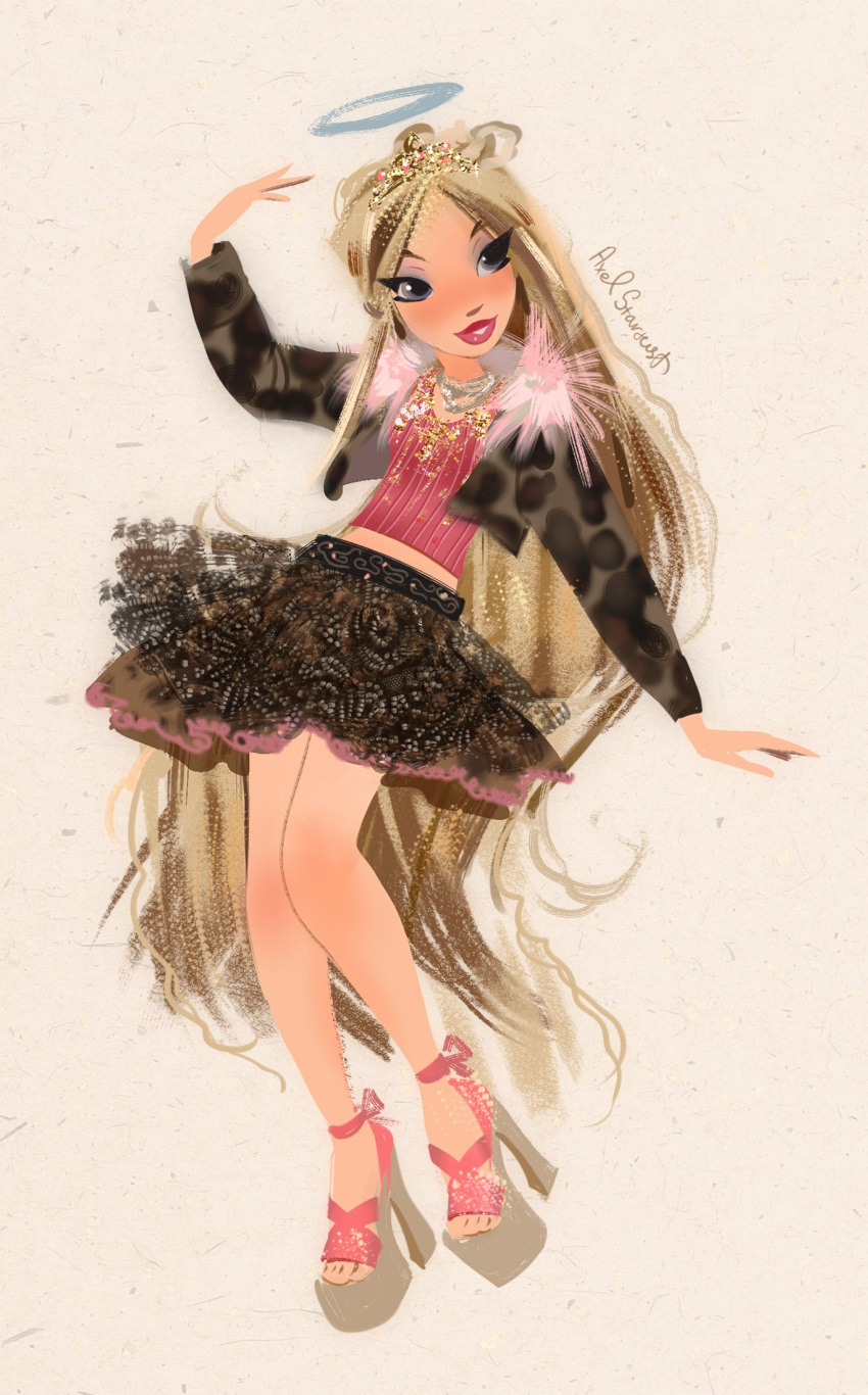1girl, black_jacket, black_skirt, blonde_hair, blue_eyes, blue_eyeshadow, blue_halo, braid, bratz, brown_background, brown_sandals, cloe_(bratz), commentary, english_commentary, eyelashes, eyeshadow, frilled_skirt, frills, full_body, fur-trimmed_jacket, fur_trim, gold_bell, halo, hand_up, happy, high_heel_sandals, highres, jacket, jewelry, lipstick, long_hair, looking_at_viewer, makeup, midriff, miniskirt, necklace, open_clothes, open_jacket, parted_lips, pink_lips, pink_shirt, platform_sandals, sandals, shirt, signature, simple_background, skirt, smile, solo, standing, stardust_axel, striped_clothes, striped_shirt, teeth, traditional_halo, vertical-striped_clothes, vertical-striped_shirt, very_long_hair