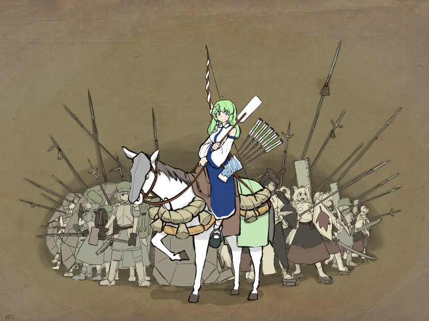 6+girls, absurdres, ahoge, animal, animal_ears, armor, arrow_(projectile), banner