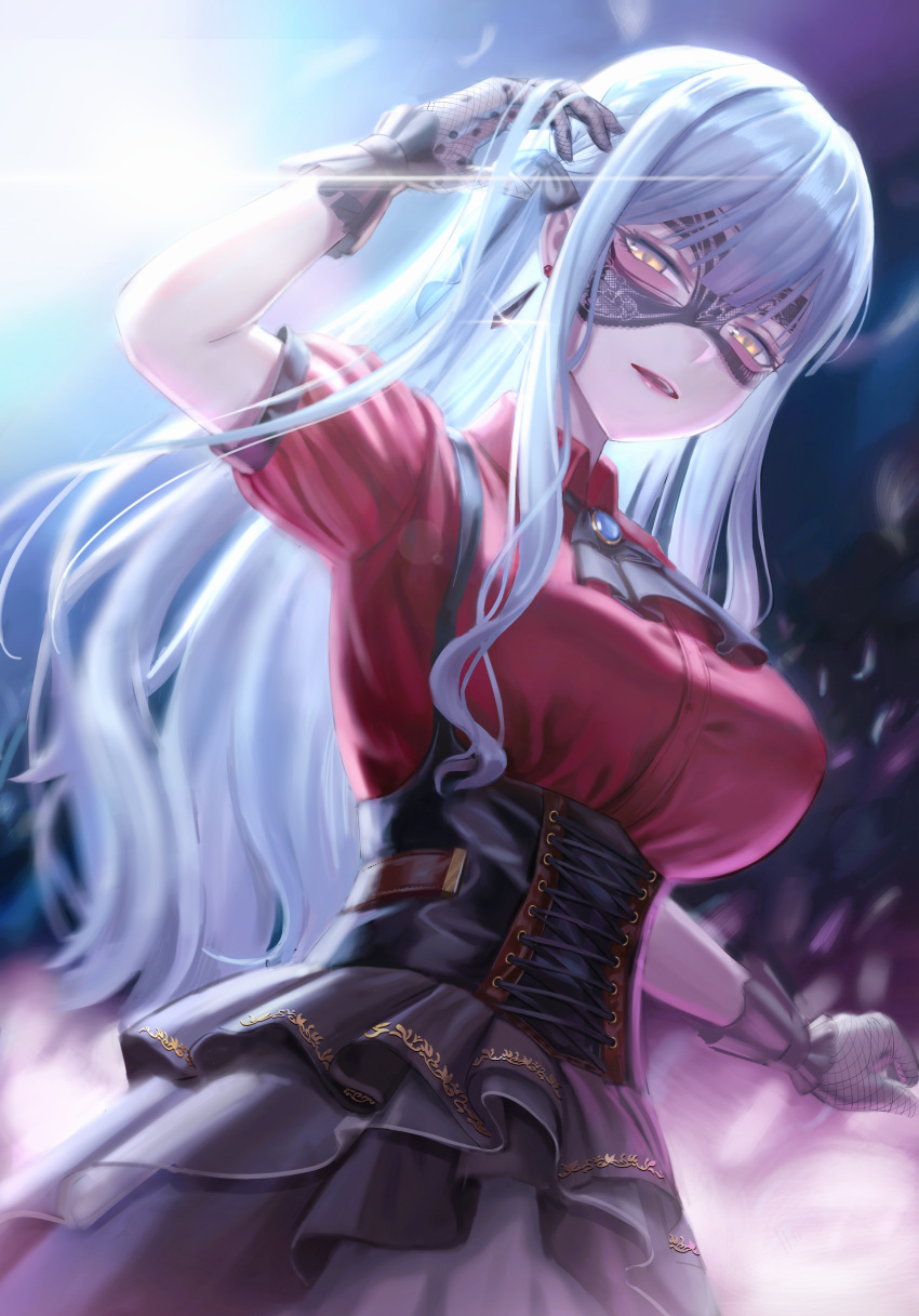 1girl, absurdres, ascot, bang_dream!, bang_dream!_it's_mygo!!!!!, black_ascot, black_corset, black_mask, black_ribbon, black_skirt, blue_brooch, blue_hair, breasts, collared_shirt, commentary_request, corset, dress_shirt, earrings, hair_ribbon, hand_in_own_hair, highres, jewelry, kafkasea, large_breasts, long_hair, looking_at_viewer, mask, masquerade_mask, oblivionis_(bang_dream!), open_mouth, red_shirt, ribbon, shirt, short_sleeves, sidelocks, skirt, solo, togawa_sakiko, yellow_eyes