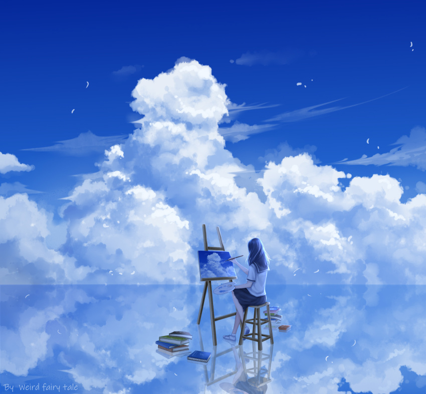 1girl, art_brush, blue_sky, blue_theme, book, book_stack, canvas_(object), clouds, commentary_request, day, easel, facing_away, guiyi_tonghua, highres, holding, holding_brush, holding_paint_palette, long_hair, original, outdoors, paint_palette, paintbrush, painting_(action), painting_(object), pleated_skirt, reflection, sailor_collar, salar_de_uyuni, salt_flats, scenery, shirt, shoes, short_sleeves, sitting, skirt, sky, socks, solo, stool, white_shirt, white_shoes, white_socks, wide_shot