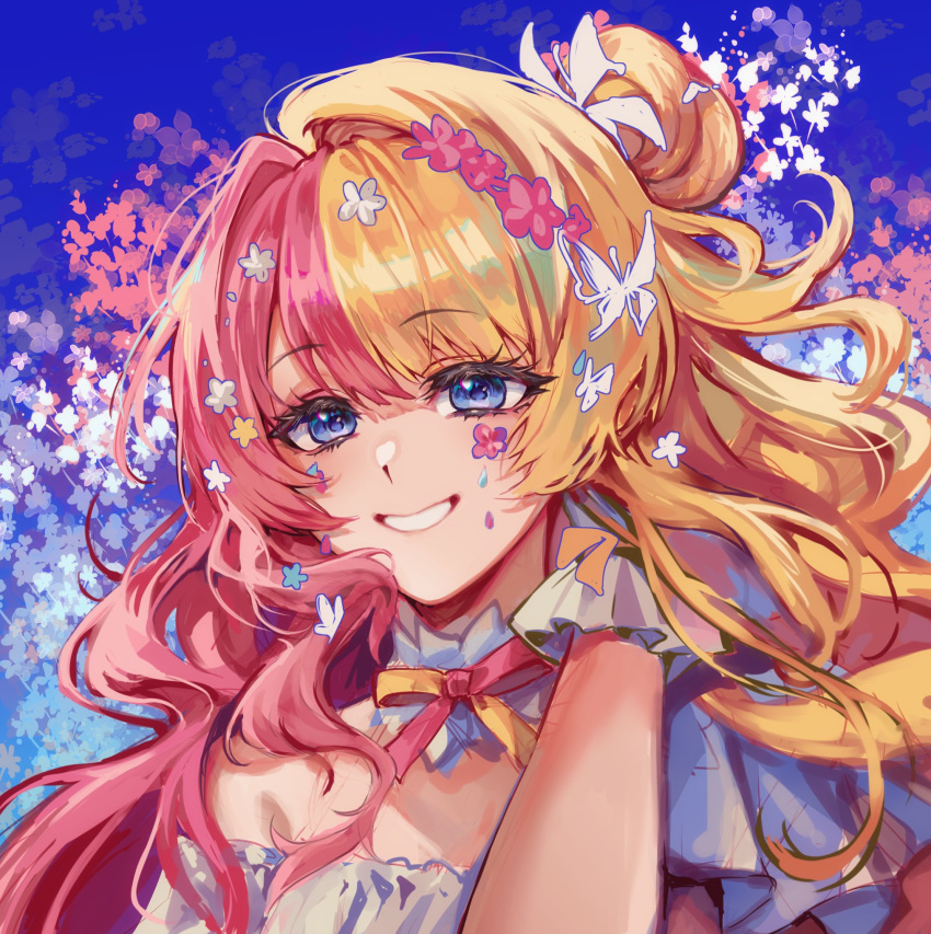1girl, alternate_costume, blonde_hair, blue_eyes, bow, bowtie, bug, butterfly