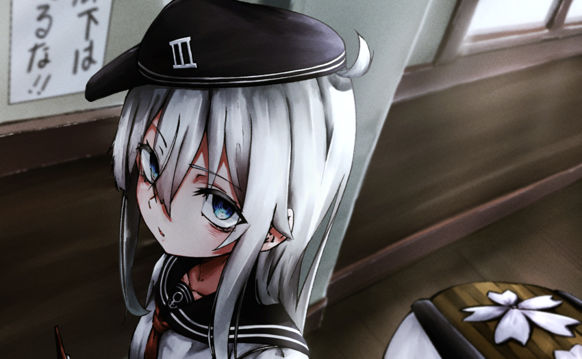 1girl, blue_eyes, commentary_request, expressionless, grey_hair, hair_between_eyes, hat, hibiki_(kancolle)