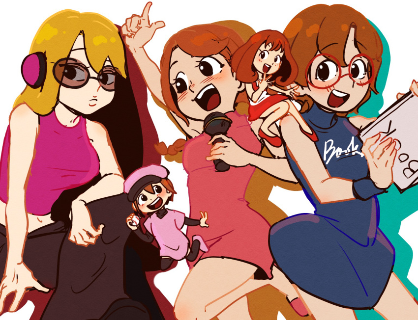 5girls, :d, ametorin_(pixiv26156012), arm_on_knee, baseball_cap, black_eyes, black_pants, blonde_hair