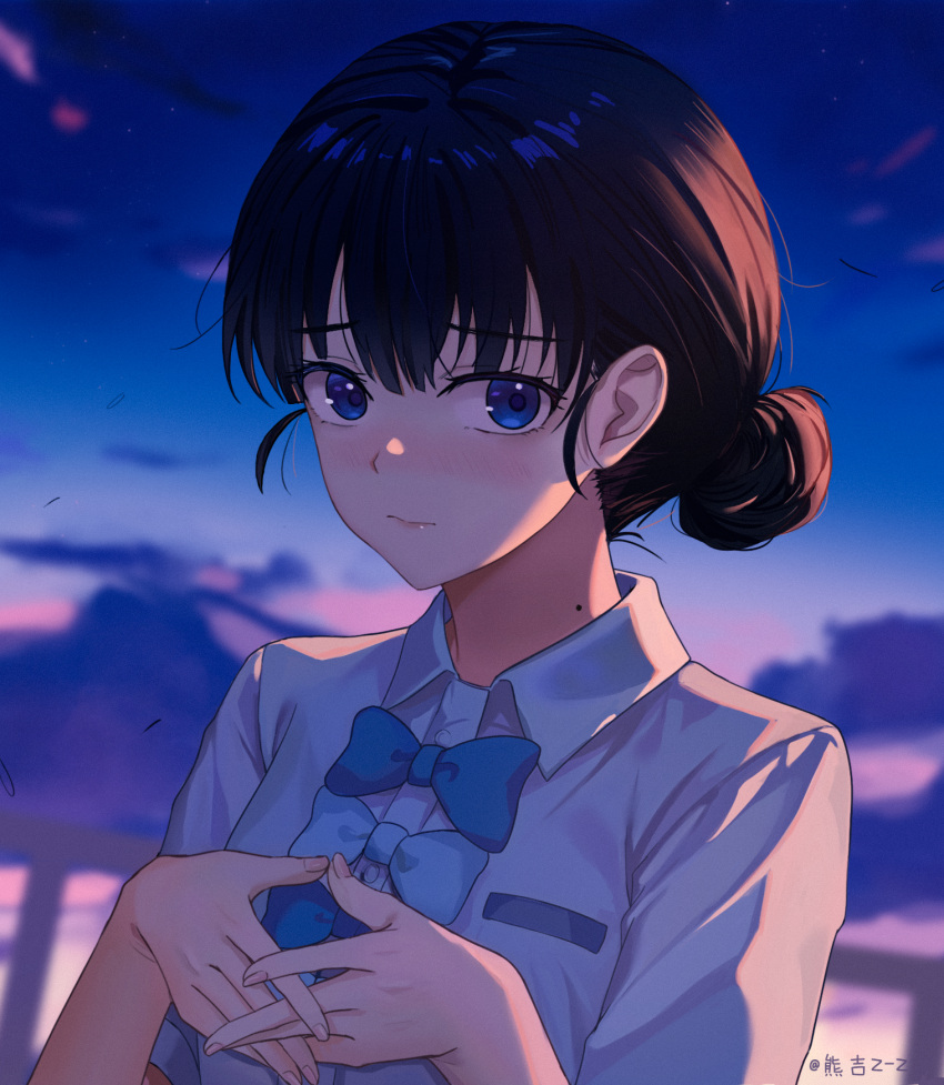 1girl, basori_tiara, black_hair, blue_bow, blue_bowtie, blue_eyes, blush, bow