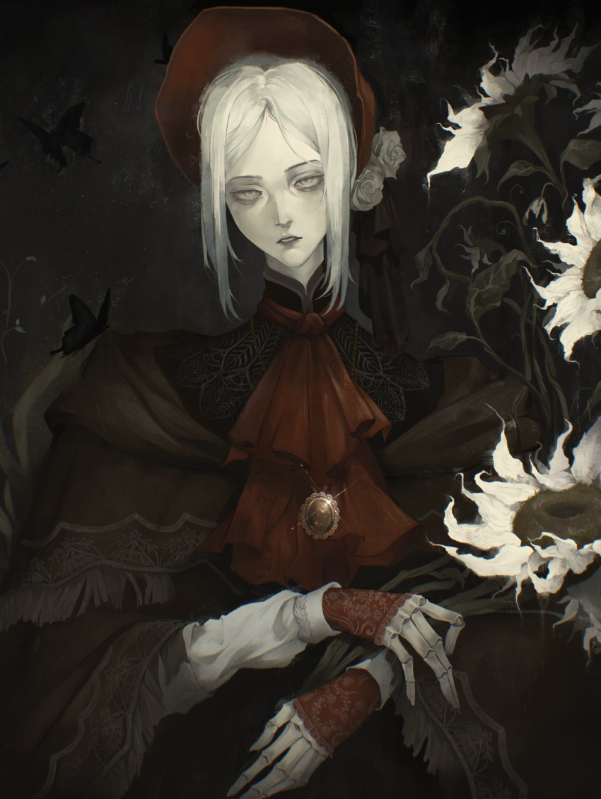 1girl, ascot, bloodborne, bonnet, brooch, doll_joints, flower, fringe_trim