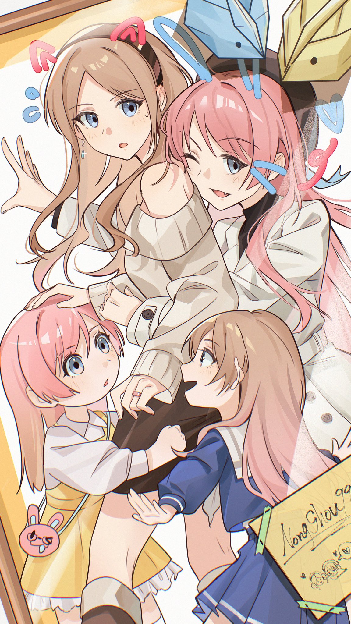 4girls, bang_dream!, bang_dream!_it's_mygo!!!!!, black_hairband, black_shirt, black_skirt, blue_eyes, blush, brown_hair, cang_(akaga204), chihaya_anon, child, coat, drawn_ears, ear_blush, earrings, grey_eyes, hairband, heart, highres, hug, hug_from_behind, if_they_mated, jewelry, long_hair, long_sleeves, mother_and_daughter, multiple_girls, nagasaki_soyo, one_eye_closed, open_mouth, parted_lips, pink_hair, ring, school_uniform, science_babies, shirt, skirt, smile, sweater, tsukinomori_school_uniform, wedding_ring, white_coat, white_shirt, white_sweater, wife_and_wife, yuri