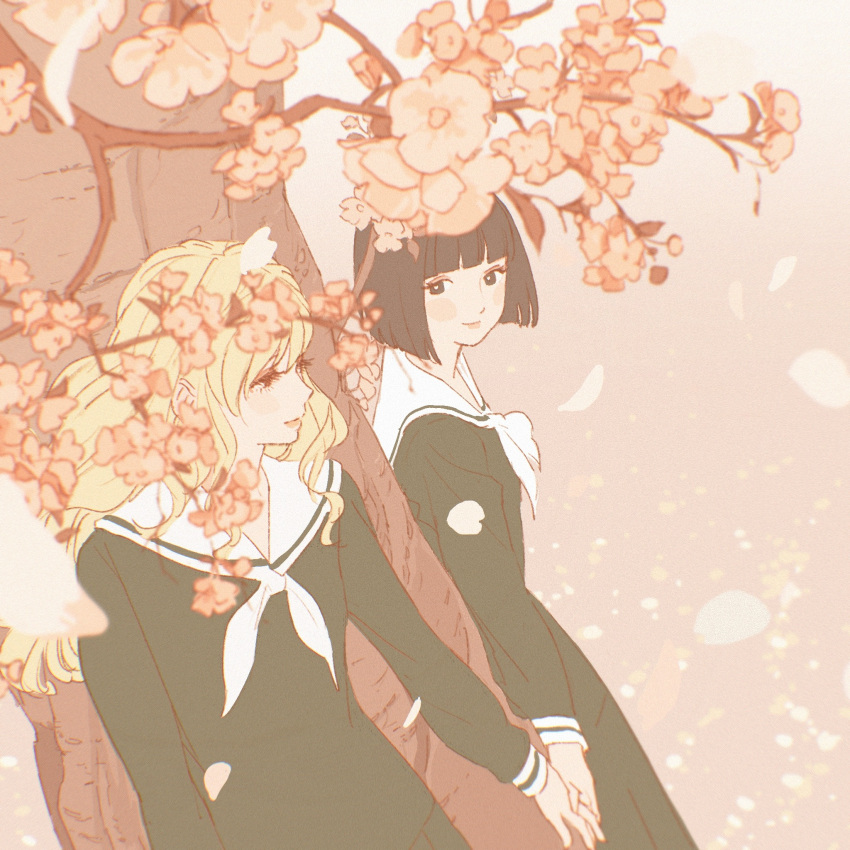2girls, 55bata6rou, black_dress, black_eyes, black_hair, blonde_hair, blunt_bangs, cherry_blossoms