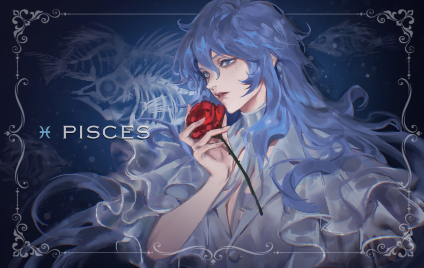 1boy, 632698090, absurdres, alternate_costume, androgynous, bishounen, blue_eyes, blue_hair
