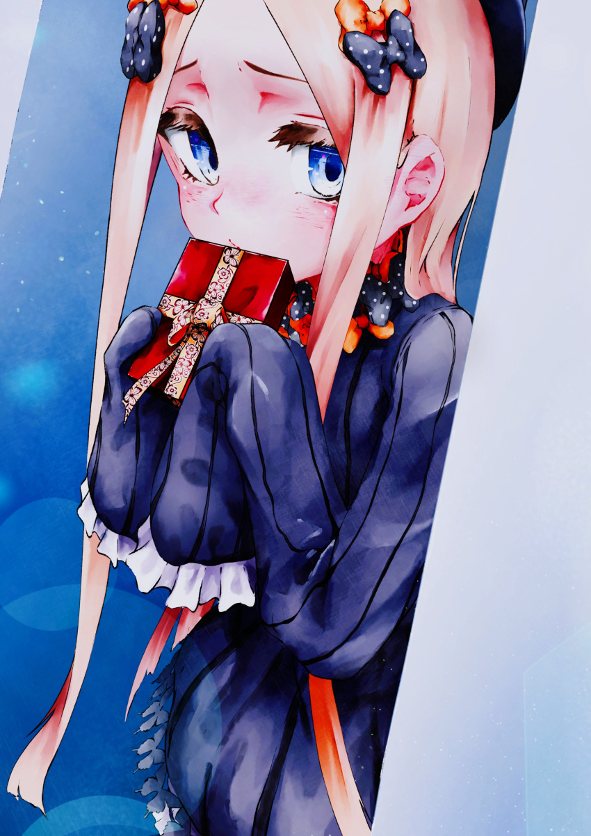 1girl, abigail_williams_(fate), absurdres, black_dress, blonde_hair, blue_eyes, bow, box