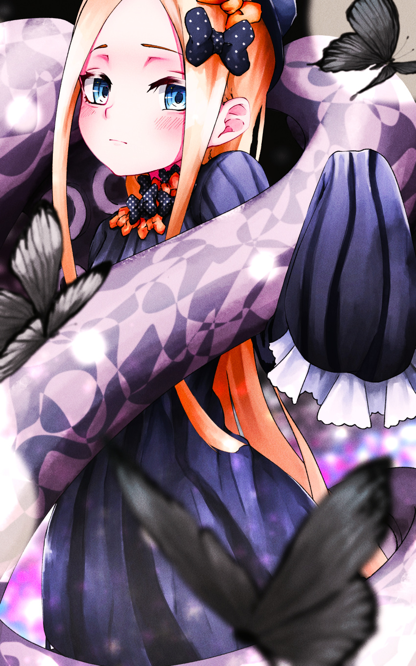 1girl, abigail_williams_(fate), absurdres, black_dress, blonde_hair, blue_eyes, blush, bug