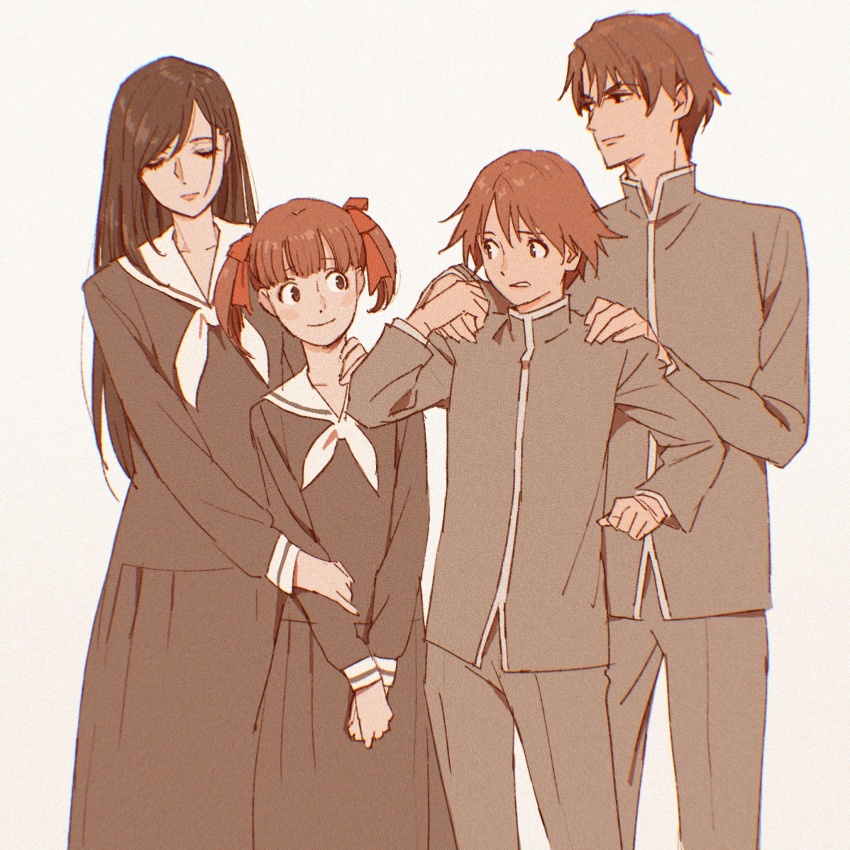 2girls, 55bata6rou, black_hair, black_serafuku, black_shirt, black_skirt, brown_hair, character_request