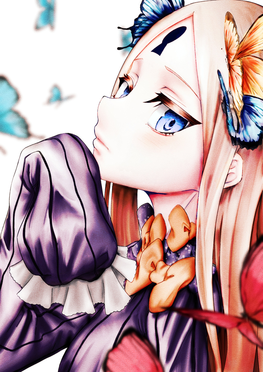 1girl, abigail_williams_(fate), absurdres, blue_eyes, blurry, bug, butterfly, butterfly_hair_ornament