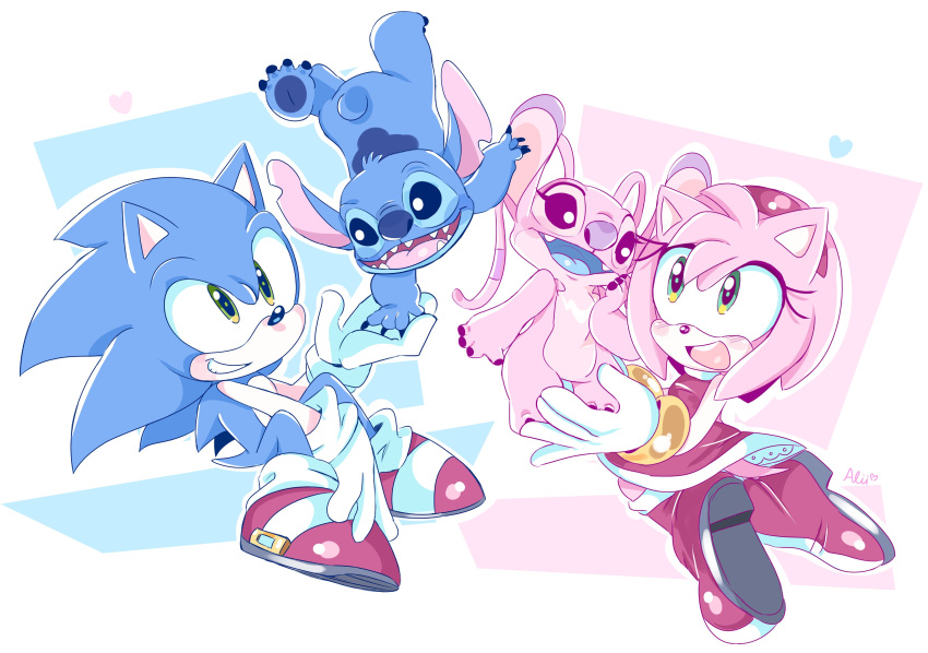 2boys, 2girls, absurdres, alii_(piink_rose), amy_rose, angel_(lilo_&amp;_stitch), animal_ears, animal_nose, blue_fur, blue_tongue, boots, bracelet, claws, colored_tongue, commentary, dress, english_commentary, gloves, gold_bracelet, green_eyes, grin, hairband, hedgehog_boy, hedgehog_girl, highres, jewelry, lilo_&amp;_stitch, multiple_boys, multiple_girls, open_mouth, pink_fur, red_boots, red_dress, red_hairband, red_shoes, sharp_teeth, shoes, smile, socks, sonic_(series), sonic_the_hedgehog, stitch_(lilo_&amp;_stitch), tail, teeth, white_gloves, white_socks