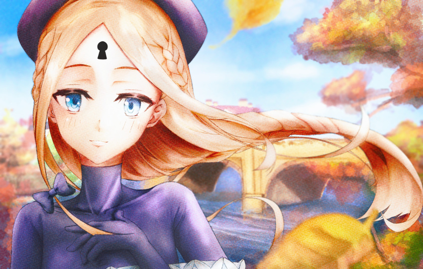 1girl, abigail_williams_(event_portrait)_(fate), abigail_williams_(fate), absurdres, autumn_leaves, blonde_hair, blue_eyes, bodystocking