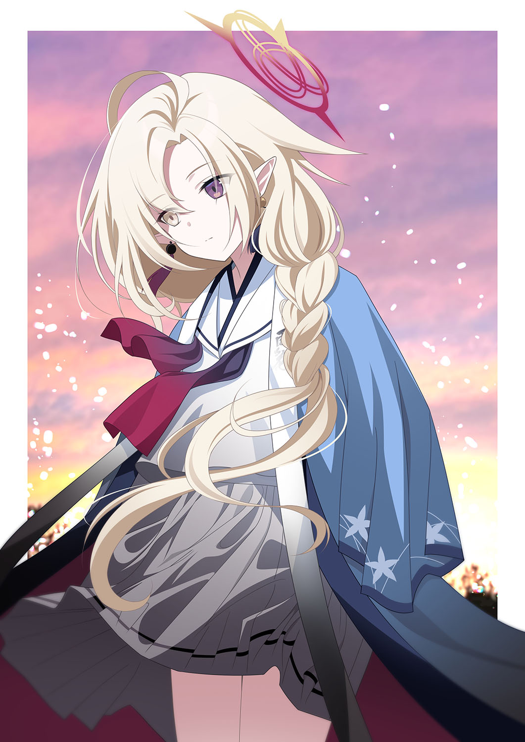 1girl, ayame_(blue_archive), blonde_hair, blue_archive, blue_haori, border, eko, expressionless, halo, haori, heterochromia, highres, japanese_clothes, long_hair, official_alternate_eye_color, official_alternate_halo_color, robe_on_shoulders, school_uniform, serafuku, solo, white_border, white_serafuku, yellow_halo