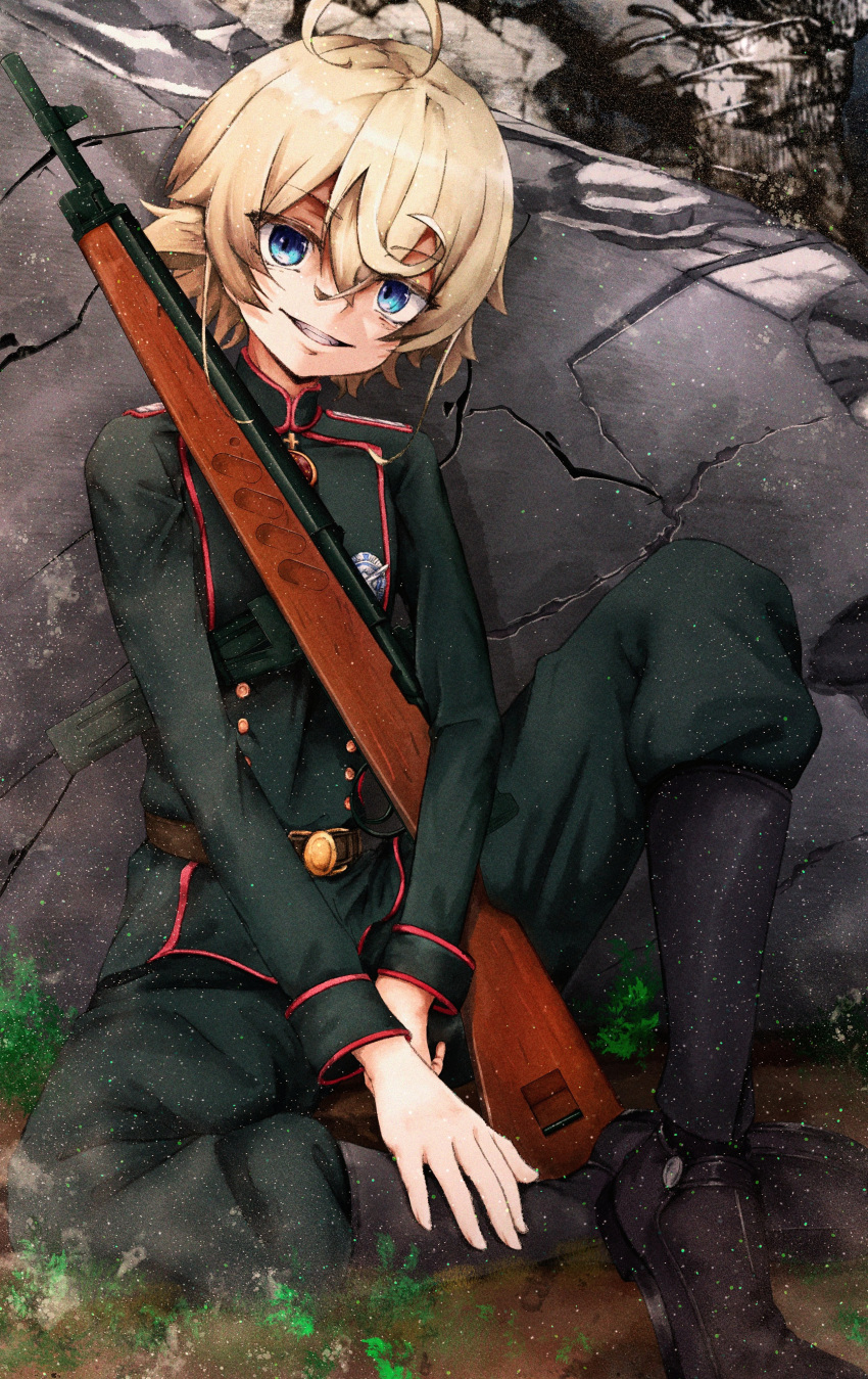 1girl, absurdres, blonde_hair, blue_eyes, boots, commentary_request, gun, highres, looking_at_viewer, military, military_uniform, mt_(mt_203), sig_mkms, sitting, smile, solo, submachine_gun, tanya_degurechaff, weapon, youjo_senki