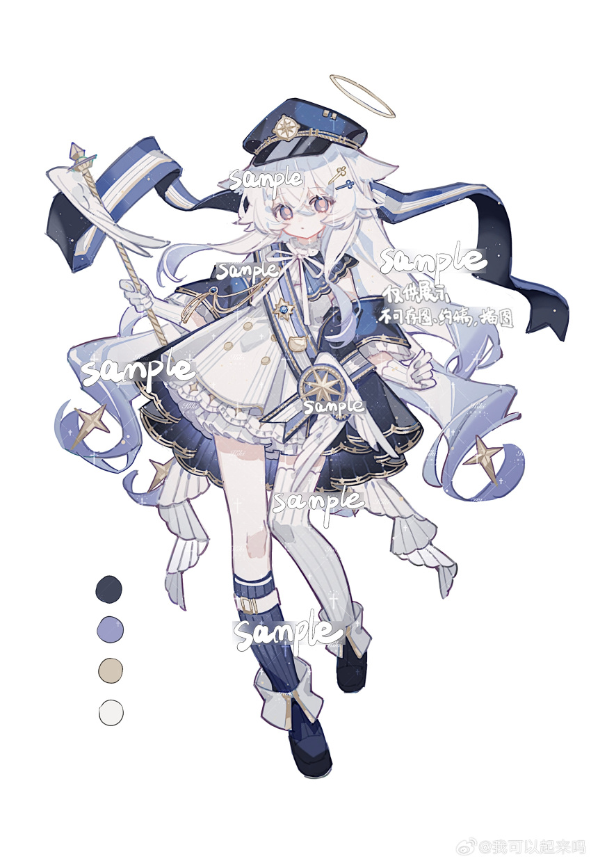 1girl, absurdres, asymmetrical, bow, bowtie, buttons, dress, flag, frills, gloves, guide, hair_ornament, hairclip, halo, hat, highres, holding, legs, logo, mismatched, pantyhose, ribbon, sample_watermark, shoes, single, single_thighhigh, socks, solo, thigh-highs, username, vertical-striped, very, viewer, watermark, weibo, wokeyiqilaima