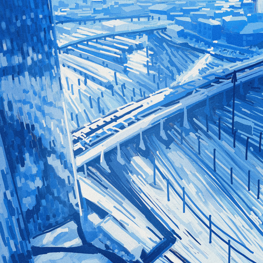 blue_theme, building, city, cyberseaurchin, highres, no_humans, original, railroad_tracks, river, scenery, water