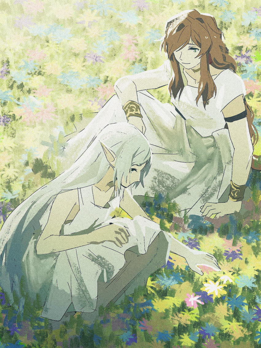 2girls, against_glass, blue_eyes, blue_flower, bracelet, brown_hair, closed_mouth, cyberseaurchin, detached_sleeves, dress, elf, field, flower, flower_field, hand_on_glass, highres, jewelry, long_hair, looking_at_another, multiple_girls, on_grass, original, pink_flower, pointy_ears, purple_flower, sidelocks, sitting, smile, squatting, very_long_hair, white_dress, white_hair, yellow_flower