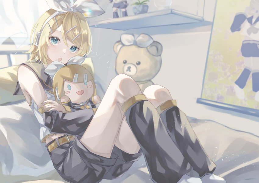 1girl, absurdres, bare_shoulders, bedroom, belt, black_sailor_collar, black_shorts, black_sleeves