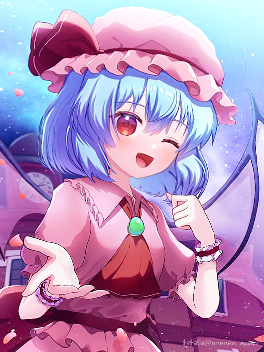 1girl, ;d, artist_name, ascot, blue_background, blue_hair, blush, collared_shirt, commentary_request, frilled_shirt_collar, frills, hat, hat_ribbon, highres, looking_at_viewer, mob_cap, nene_man, one_eye_closed, open_mouth, pink_hat, pink_shirt, red_ascot, red_eyes, red_ribbon, remilia_scarlet, ribbon, shirt, short_hair, smile, solo, touhou, twitter_username, upper_body, wrist_cuffs
