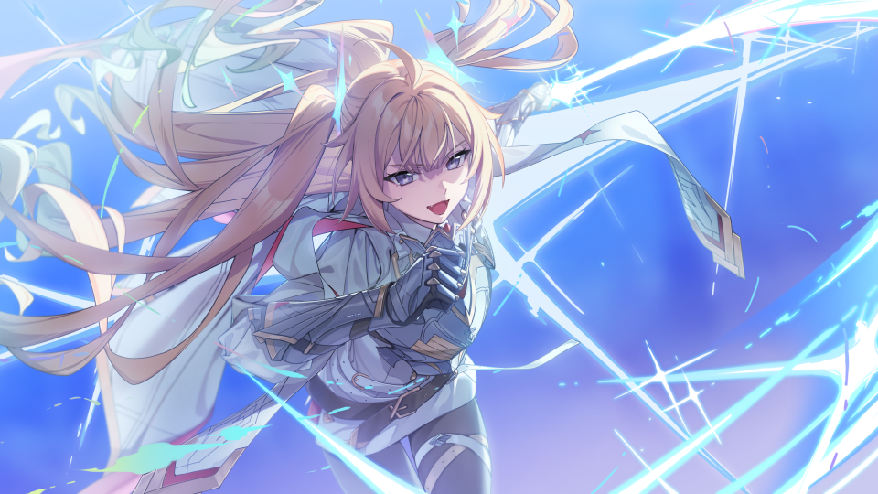 >:), 1girl, :d, ahoge, aqua_background, armor, belt, blonde_hair