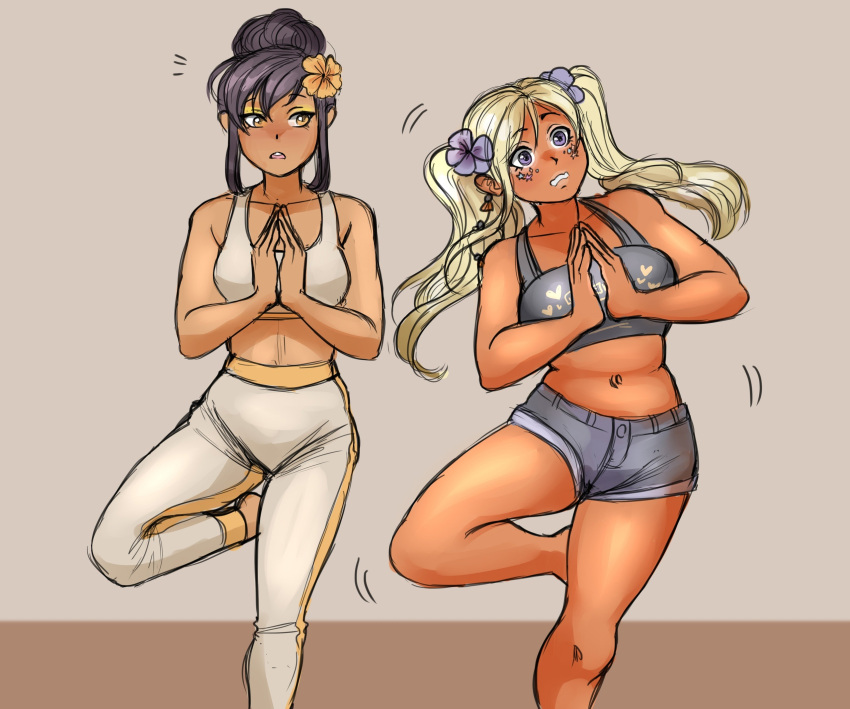 2girls, ar1su, balancing, black_hair, blonde_hair, eyeshadow, flower, gyaru, hair_flower, hair_ornament, highres, hunie_(series), huniepop_2:_double_date, lailani_kealoha, makeup, multiple_girls, pants, plump, sarah_stevens, tan, twintails, violet_eyes, yellow_eyes, yellow_eyeshadow, yoga, yoga_pants