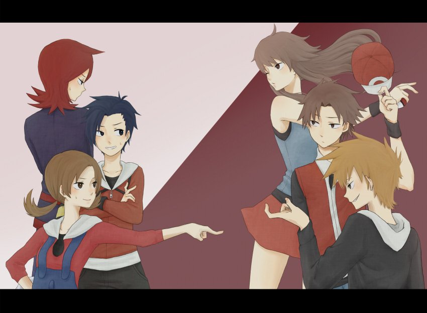 4boys, alternate_costume, bad_id, baseball_cap, blue_(pokemon), brown_eyes, brown_hair, gloves