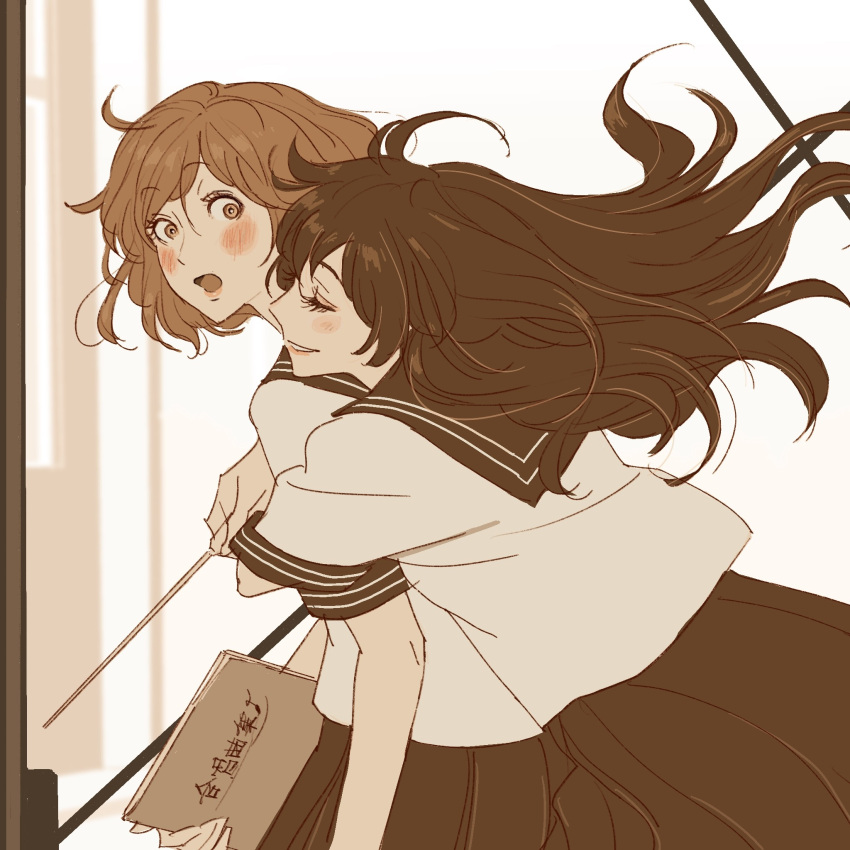 2girls, 55bata6rou, amayo_no_tsuki, black_hair, black_sailor_collar, black_skirt, blush, book