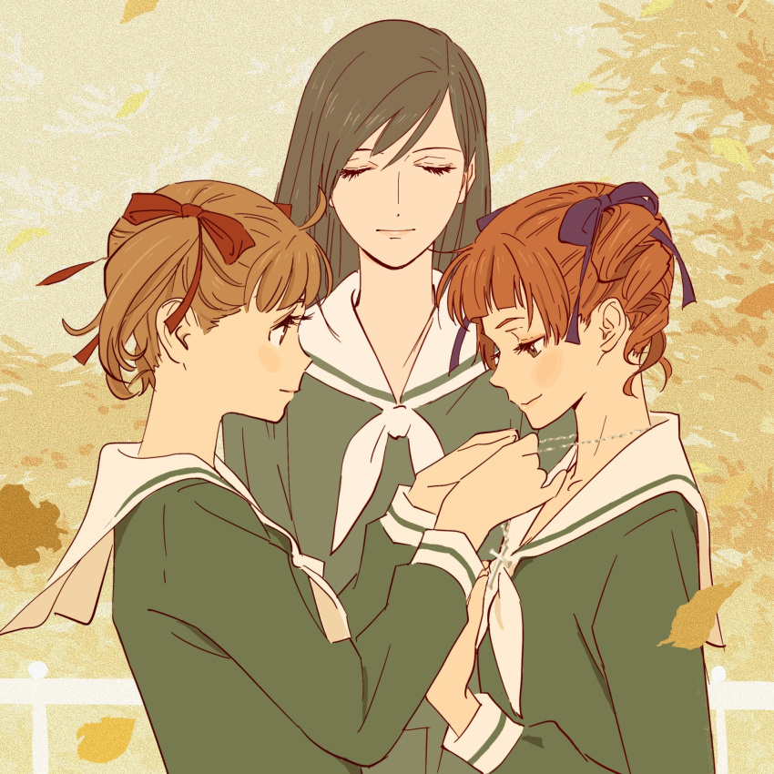 3girls, 55bata6rou, adjusting_necklace, autumn_leaves, black_hair, brown_eyes, brown_hair, closed_eyes