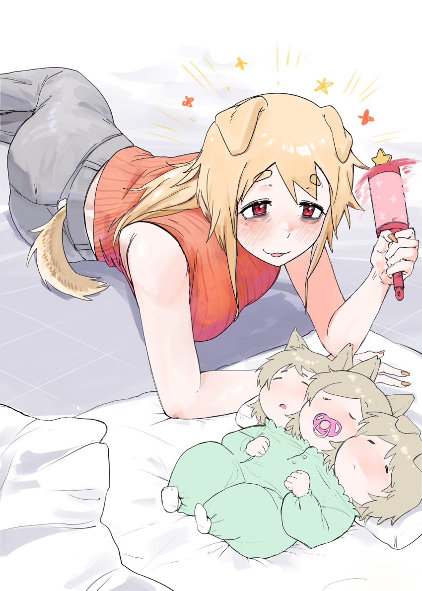 :3, =_=, animal_ears, baby, babywearing, bags_under_eyes, blonde_hair, blush