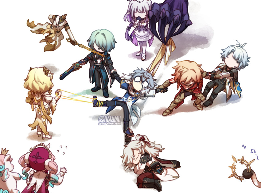 4girls, 5boys, aglaea_(honkai:_star_rail), aiming, anaxa_(honkai:_star_rail), antenna_hair, armor, artist_name