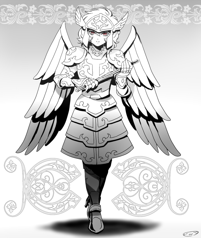 1boy, armor, armored_dress, boots, crossed_legs, dress, eyelashes, feathered_wings