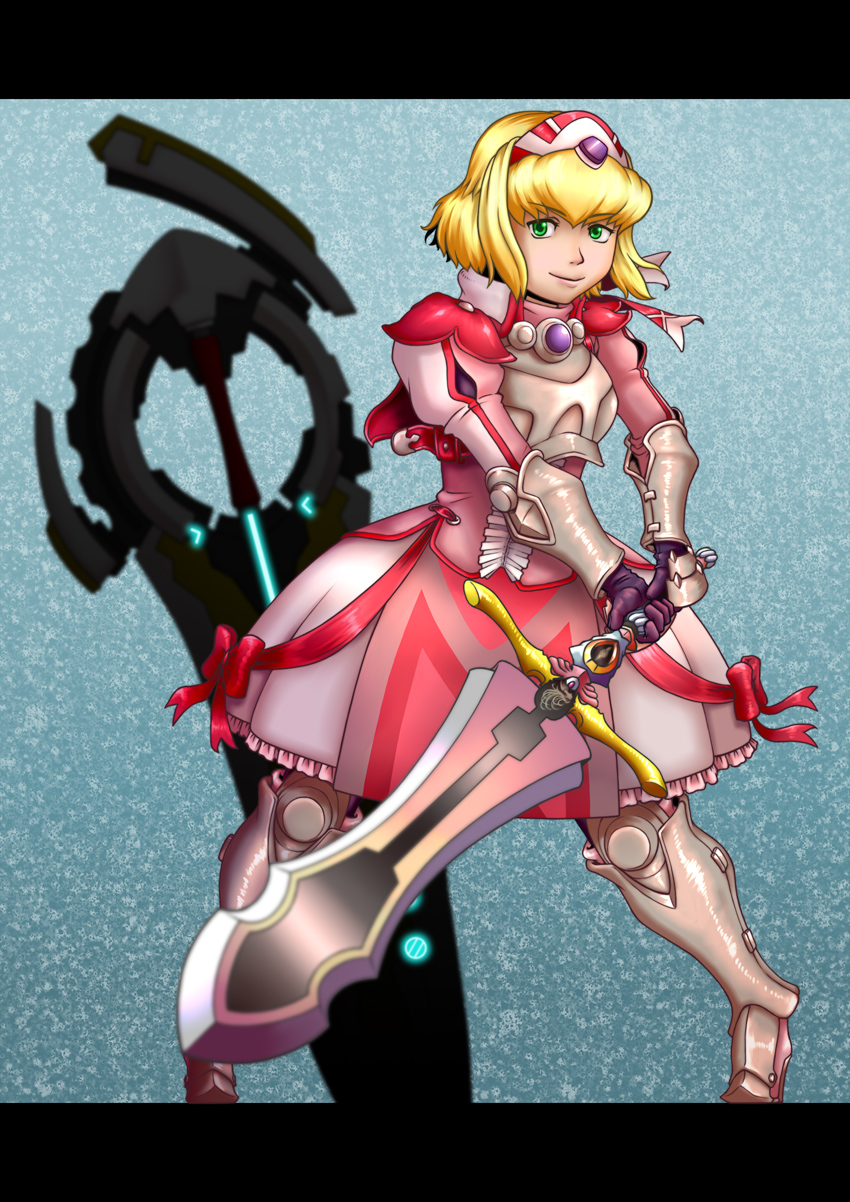 alexia_lynn_elesius, armor, blonde_hair, boots, bow, dress, elbow_gloves, gloves