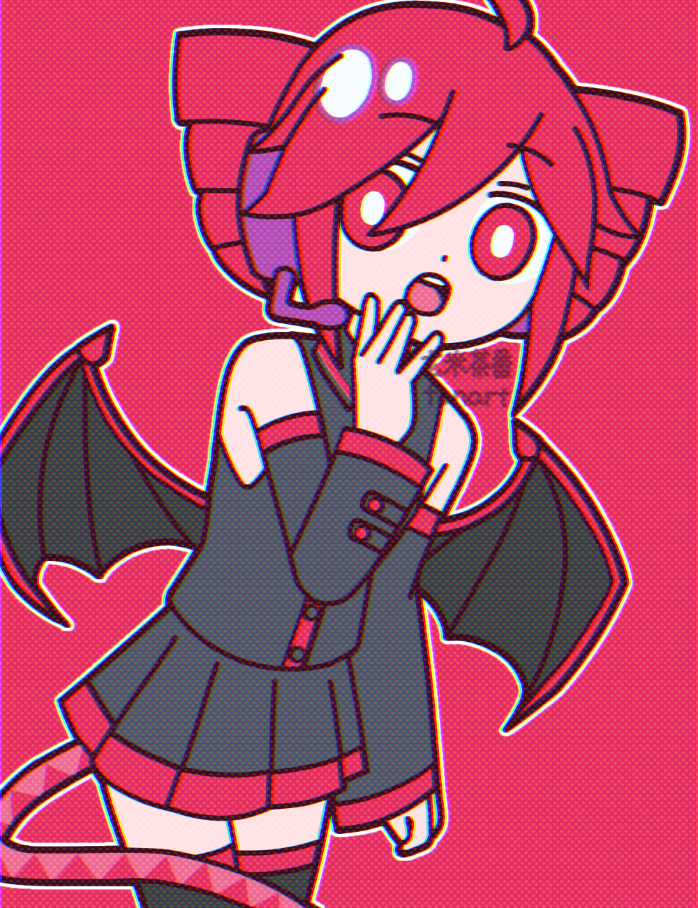 1girl, bat_wings, bright_pupils, commentary_request, detached_sleeves, drill_hair, genmai_chaban, headphones, headset, highres, kasane_teto, kasane_teto_(utau), long_sleeves, looking_at_viewer, open_mouth, pink_background, pink_eyes, pink_hair, pleated_skirt, shirt, skirt, sleeveless, sleeveless_shirt, solo, thigh-highs, twin_drills, twintails, utau, wings