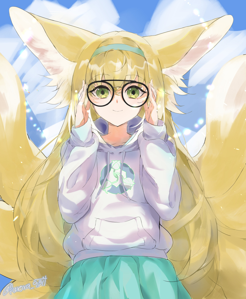 1girl, 9bit, absurdres, animal_ears, arknights, bespectacled, blonde_hair, blue_hairband
